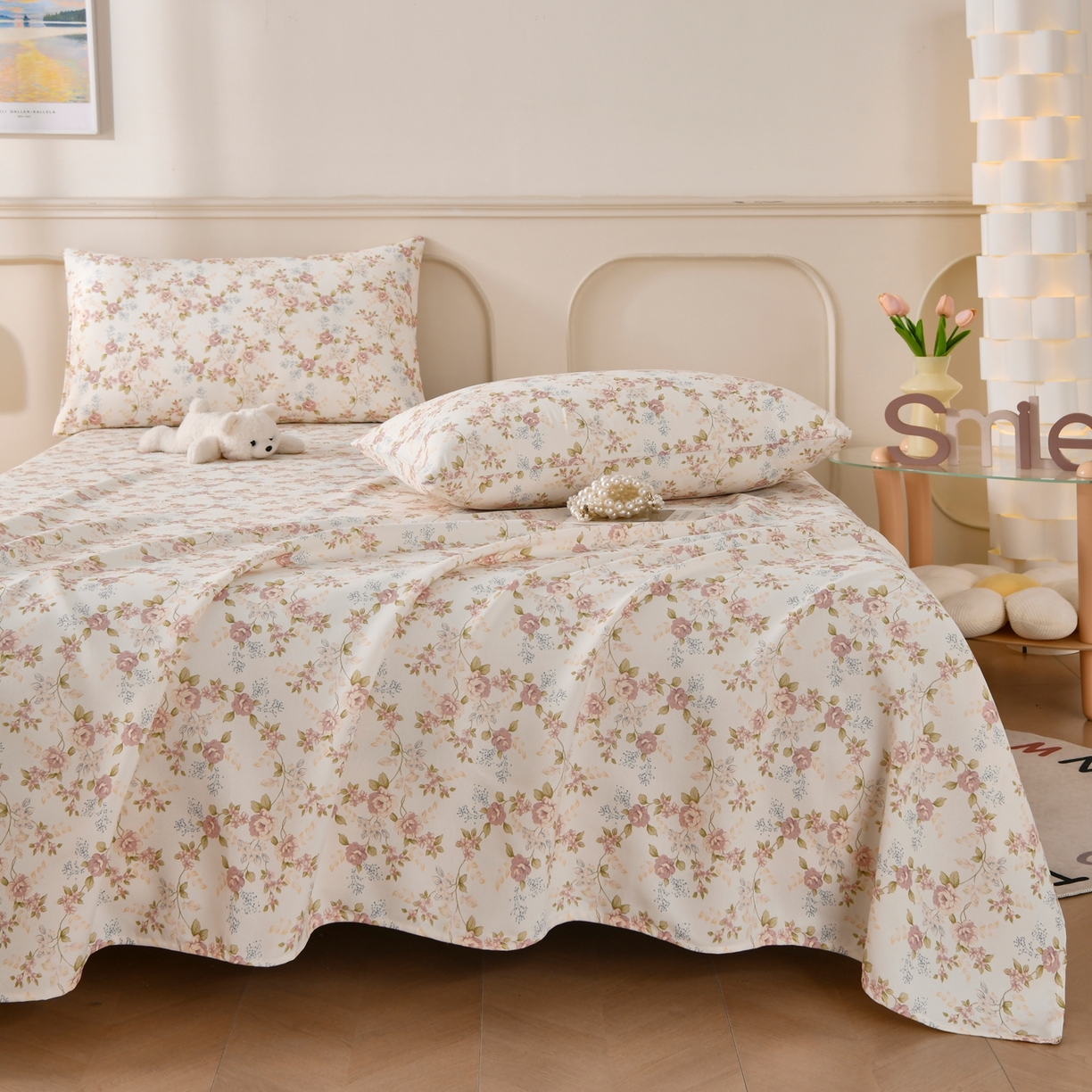 91家纺网 家纺一手货源 找家纺 悠米悠家 2026新款工艺款印花老粗布床单单品床单床单单件凉席席子 紫雾缠枝玫