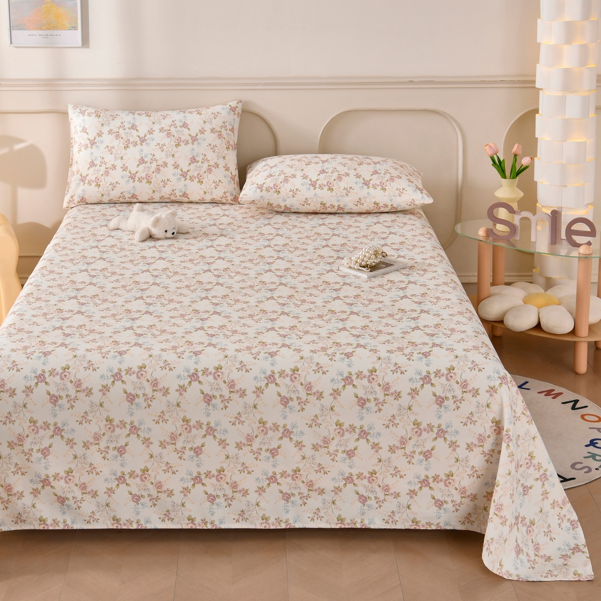 91家纺网 家纺一手货源 找家纺 悠米悠家 2026新款工艺款印花老粗布床单单品床单床单单件凉席席子 紫雾缠枝玫