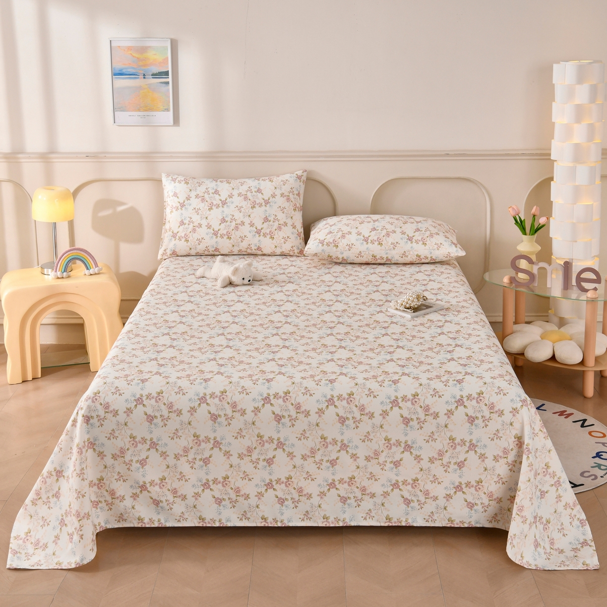 91家纺网 家纺一手货源 找家纺 悠米悠家 2026新款工艺款印花老粗布床单单品床单床单单件凉席席子 紫雾缠枝玫