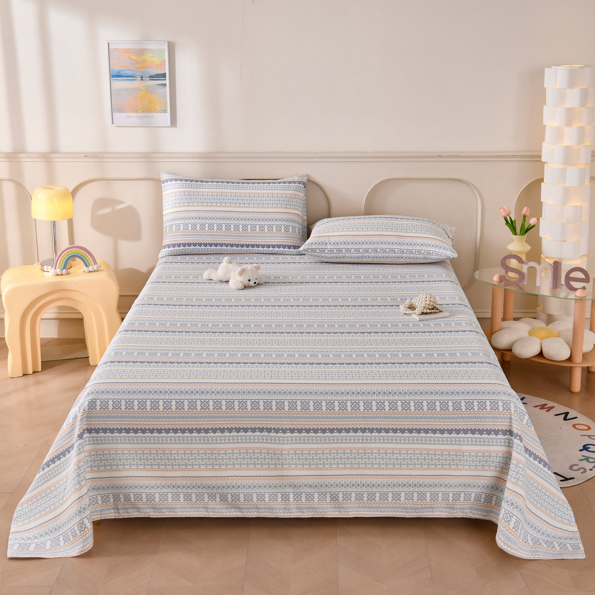 91家纺网 家纺一手货源 找家纺 悠米悠家 2026新款工艺款印花老粗布床单单品床单床单单件凉席席子 波西米亚几何条