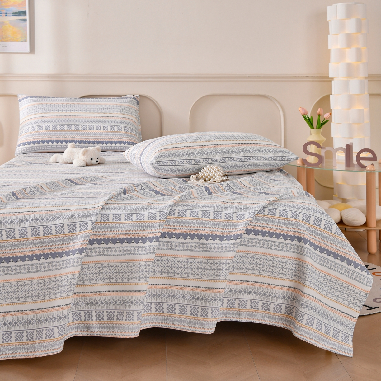 91家纺网 家纺一手货源 找家纺 悠米悠家 2026新款工艺款印花老粗布床单单品床单床单单件凉席席子 波西米亚几何条