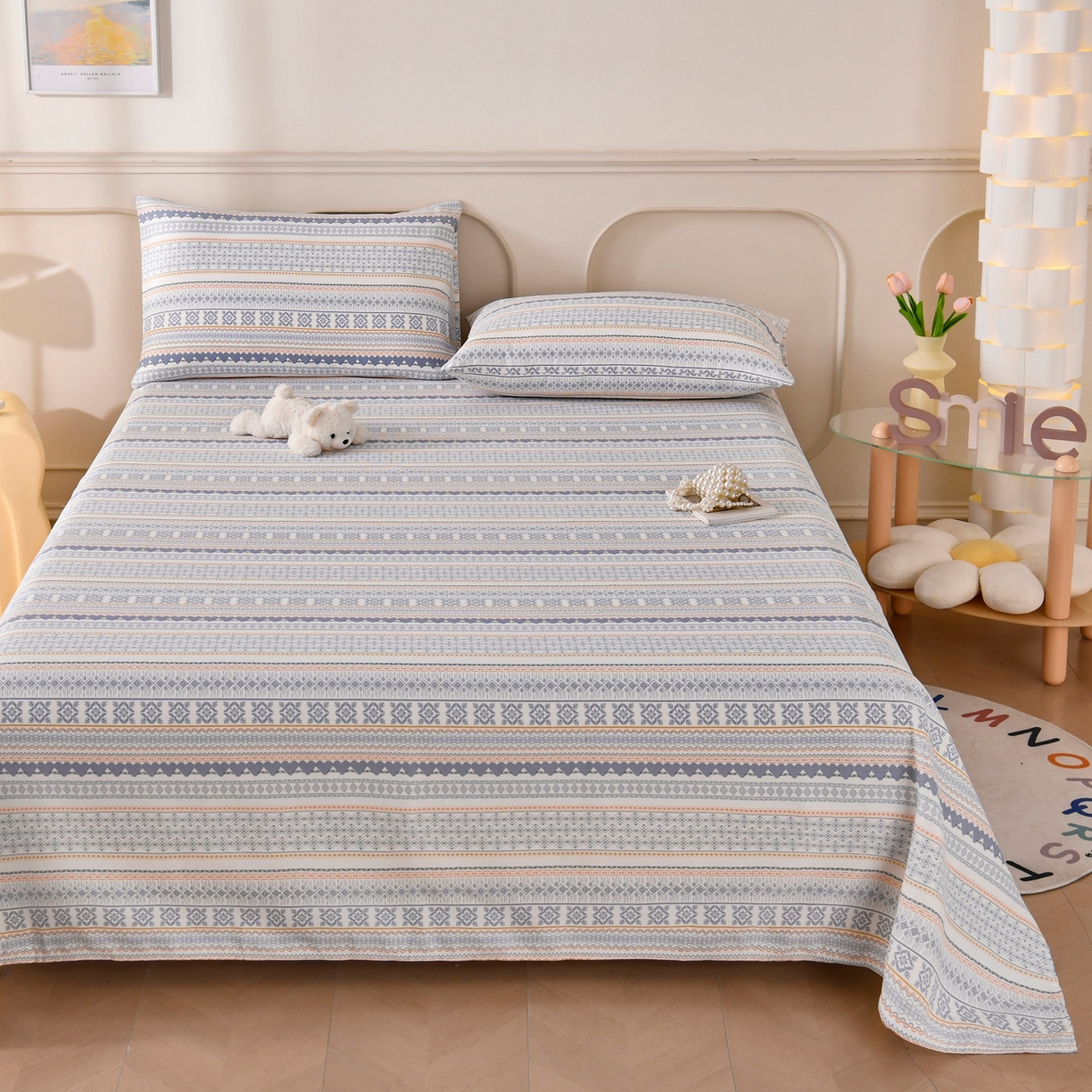 91家纺网 家纺一手货源 找家纺 悠米悠家 2026新款工艺款印花老粗布床单单品床单床单单件凉席席子 波西米亚几何条