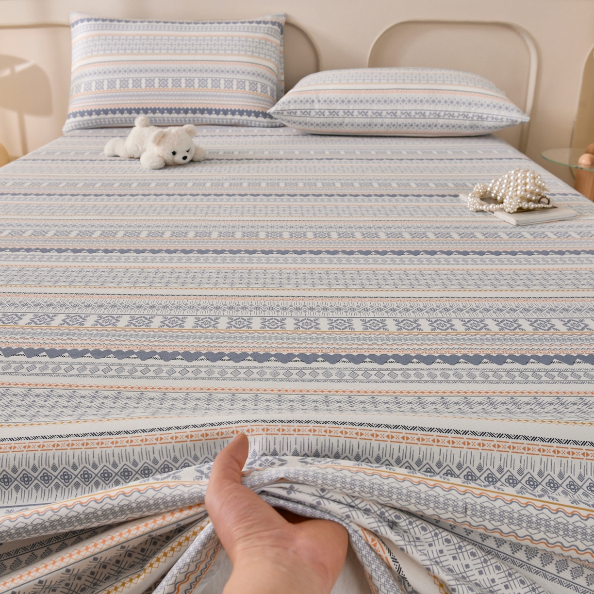 91家纺网 家纺一手货源 找家纺 悠米悠家 2026新款工艺款印花老粗布床单单品床单床单单件凉席席子 波西米亚几何条