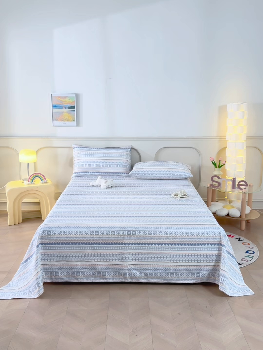 91家纺网 家纺一手货源 找家纺 悠米悠家 2026新款工艺款印花老粗布床单单品床单床单单件凉席席子 波西米亚几何条