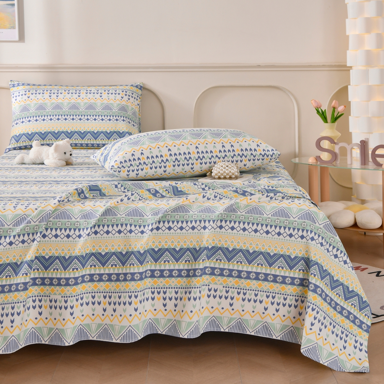 91家纺网 家纺一手货源 找家纺 悠米悠家 2026新款工艺款印花老粗布床单单品床单床单单件凉席席子 青柠波西纹