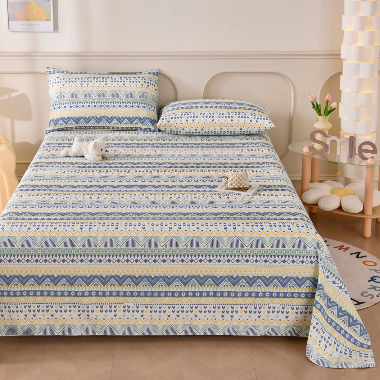 91家纺网 家纺一手货源 找家纺 悠米悠家 2026新款工艺款印花老粗布床单单品床单床单单件凉席席子 青柠波西纹