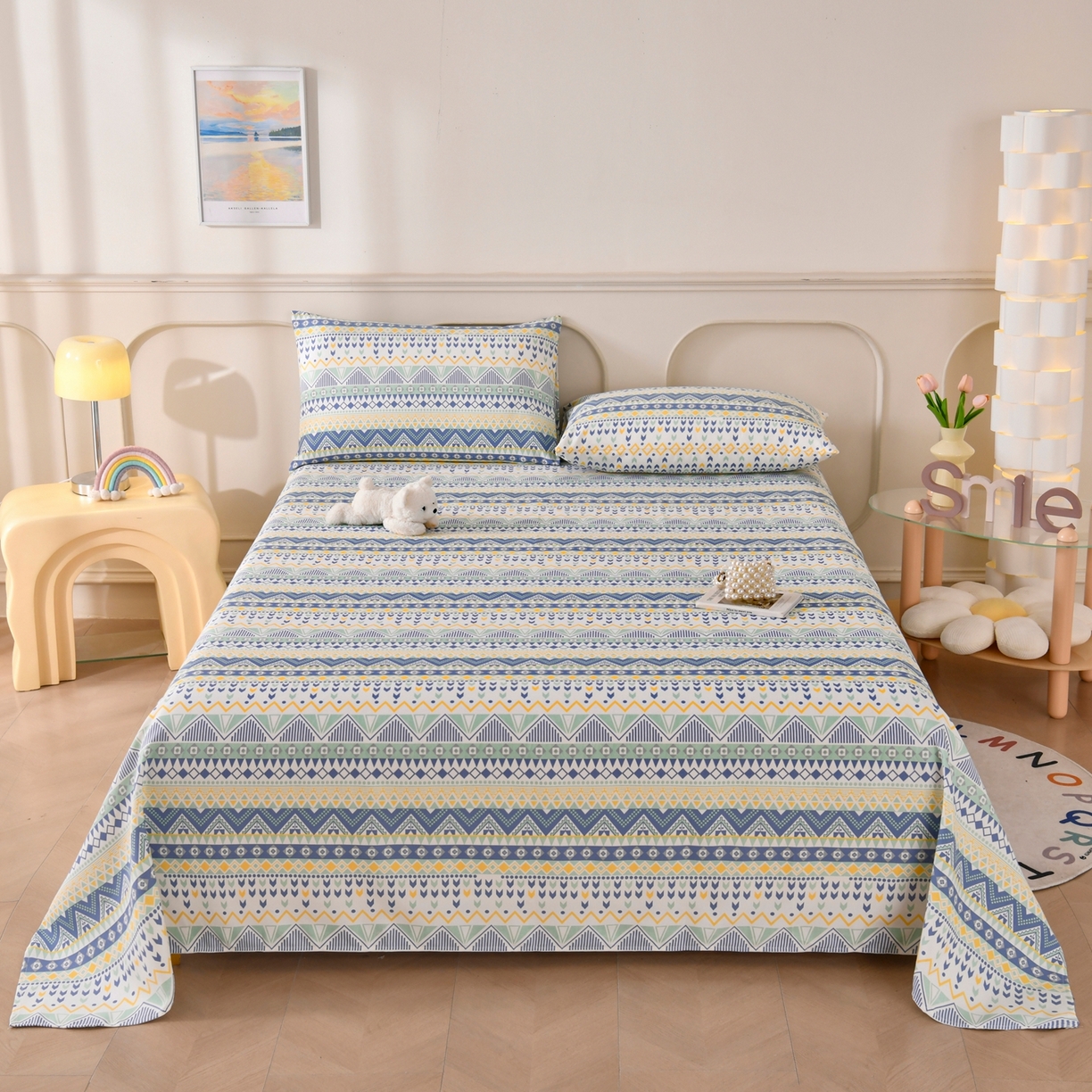 91家纺网 家纺一手货源 找家纺 悠米悠家 2026新款工艺款印花老粗布床单单品床单床单单件凉席席子 青柠波西纹