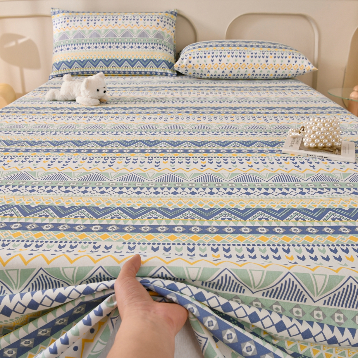 91家纺网 家纺一手货源 找家纺 悠米悠家 2026新款工艺款印花老粗布床单单品床单床单单件凉席席子 青柠波西纹