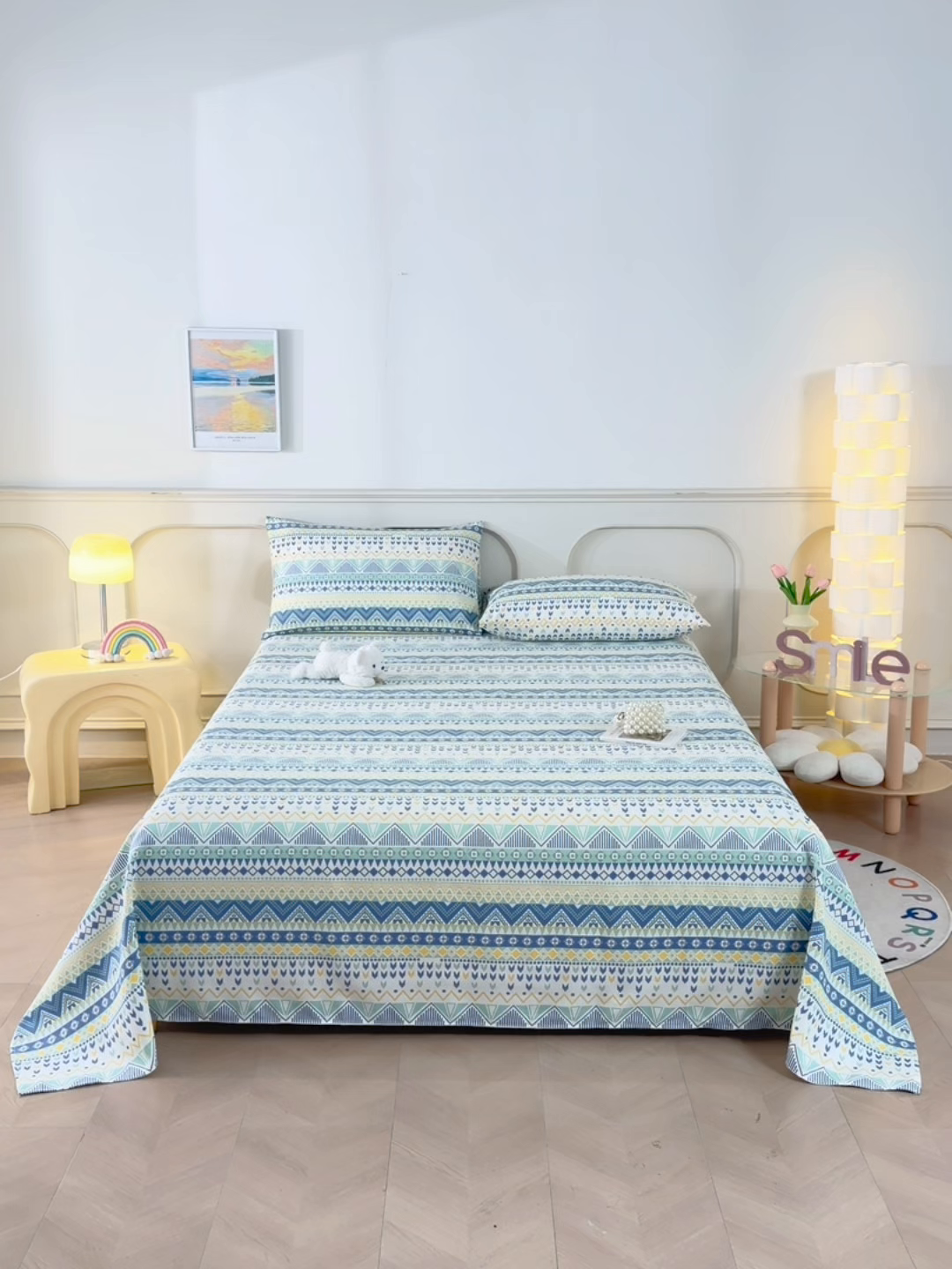 91家纺网 家纺一手货源 找家纺 悠米悠家 2026新款工艺款印花老粗布床单单品床单床单单件凉席席子 青柠波西纹