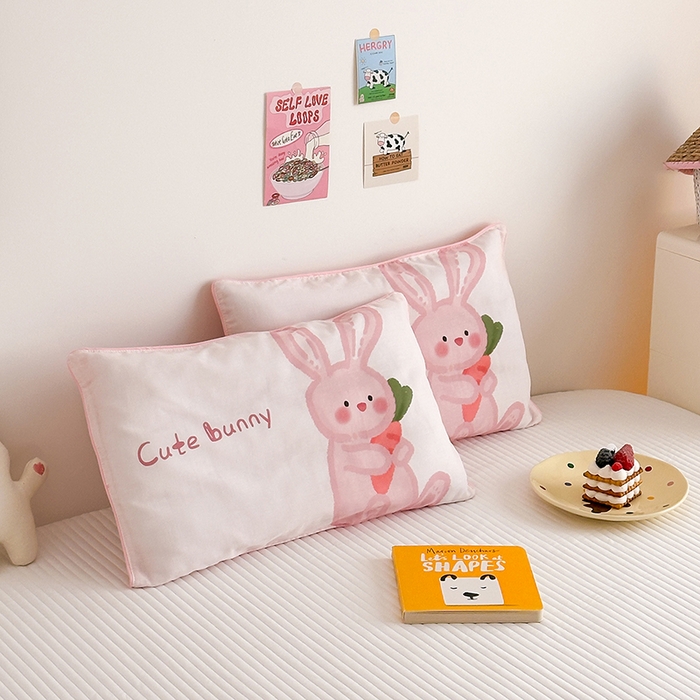 91家纺网 家纺一手货源 找家纺 嗨生活 2026新款全棉纯棉双层纱大版枕套儿童枕套幼儿园枕套枕芯单品枕套枕套单件 长耳兔