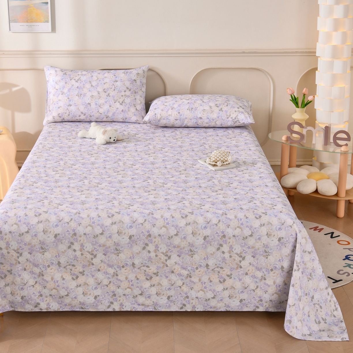 91家纺网 家纺一手货源 找家纺 悠米悠家 2026新款工艺款印花老粗布床单单品床单床单单件凉席席子 柔紫花雾叙