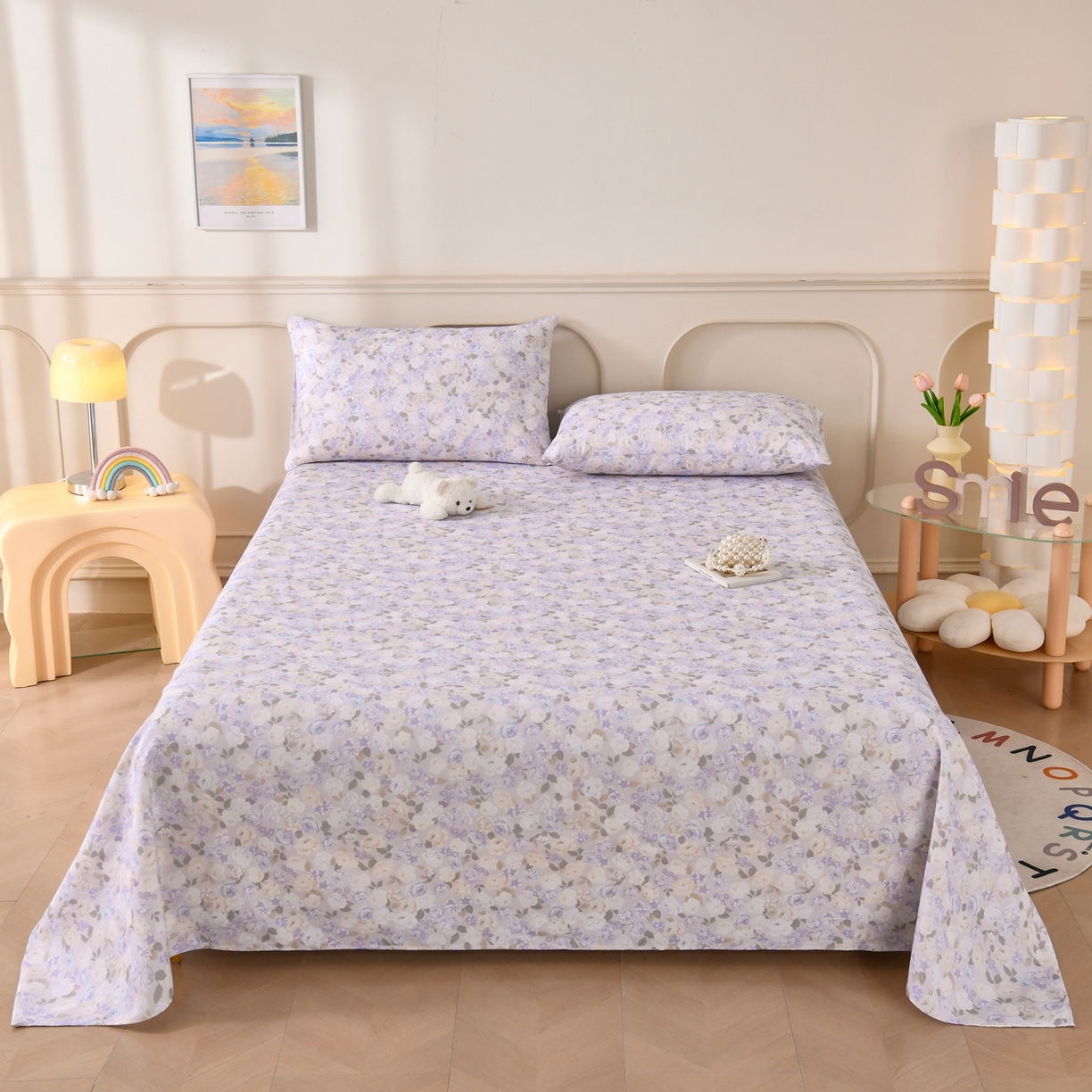 91家纺网 家纺一手货源 找家纺 悠米悠家 2026新款工艺款印花老粗布床单单品床单床单单件凉席席子 柔紫花雾叙