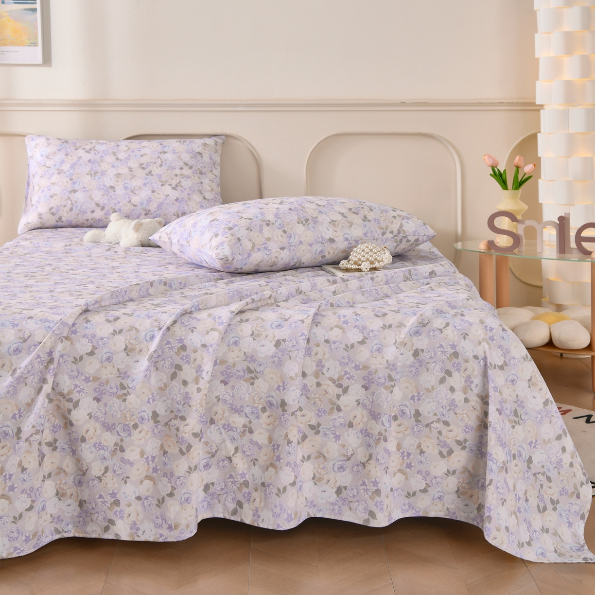 91家纺网 家纺一手货源 找家纺 悠米悠家 2026新款工艺款印花老粗布床单单品床单床单单件凉席席子 柔紫花雾叙