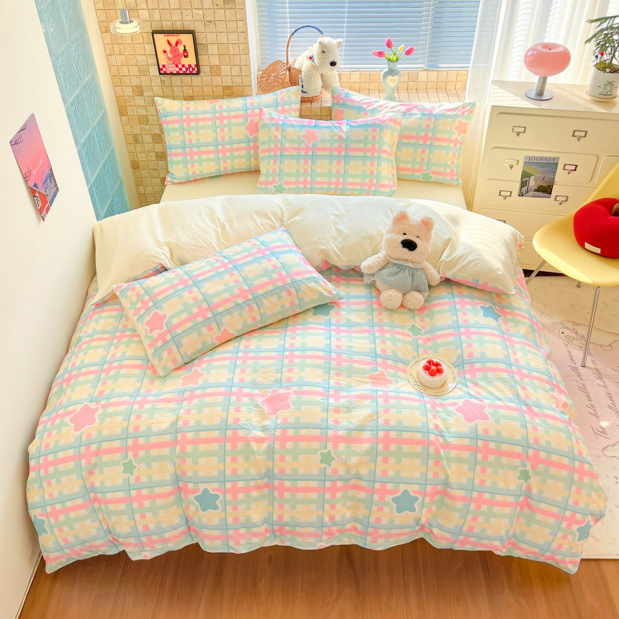 91家纺网 家纺一手货源 找家纺 川悦生活 2026新款云感双层纱木棉四件套 杏仁小星星