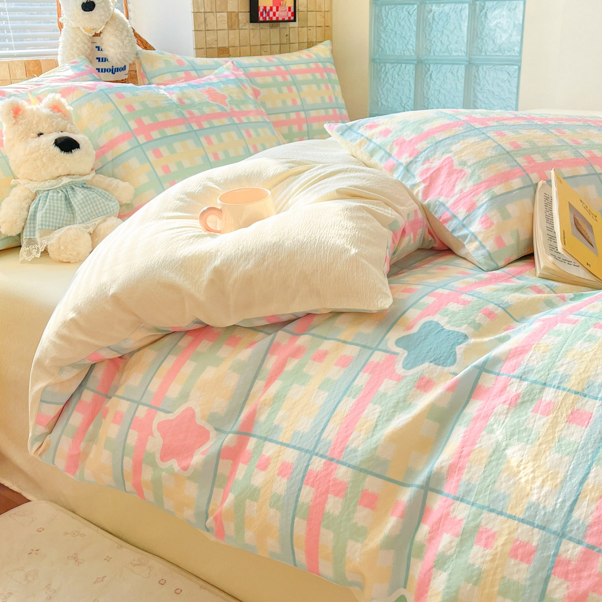 91家纺网 家纺一手货源 找家纺 川悦生活 2026新款云感双层纱木棉四件套 杏仁小星星