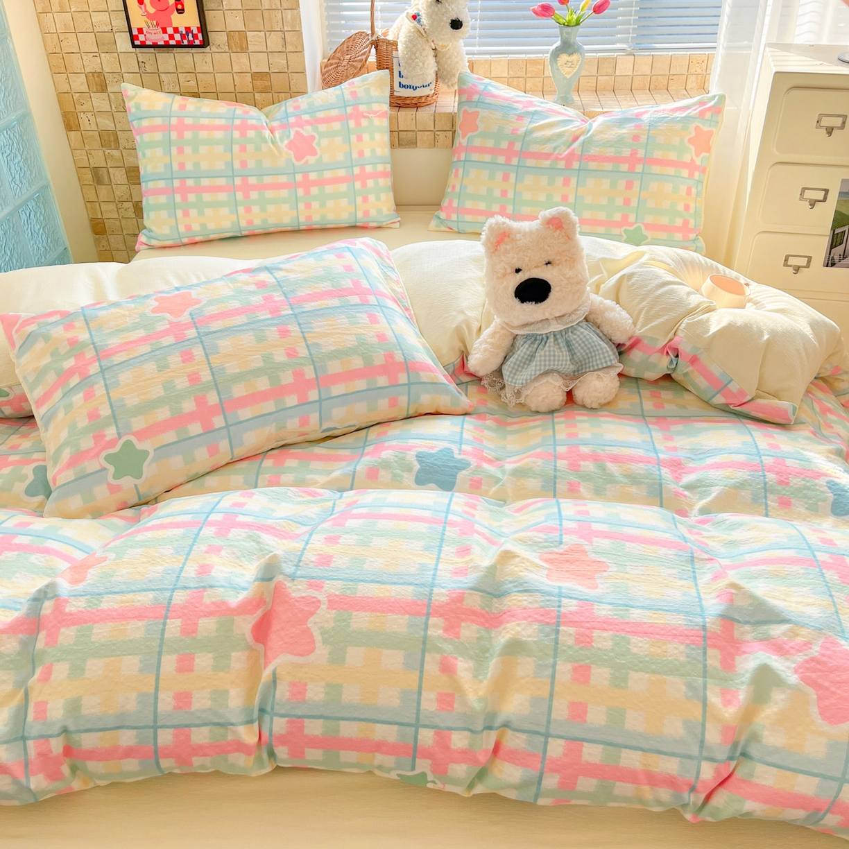 91家纺网 家纺一手货源 找家纺 川悦生活 2026新款云感双层纱木棉四件套 杏仁小星星