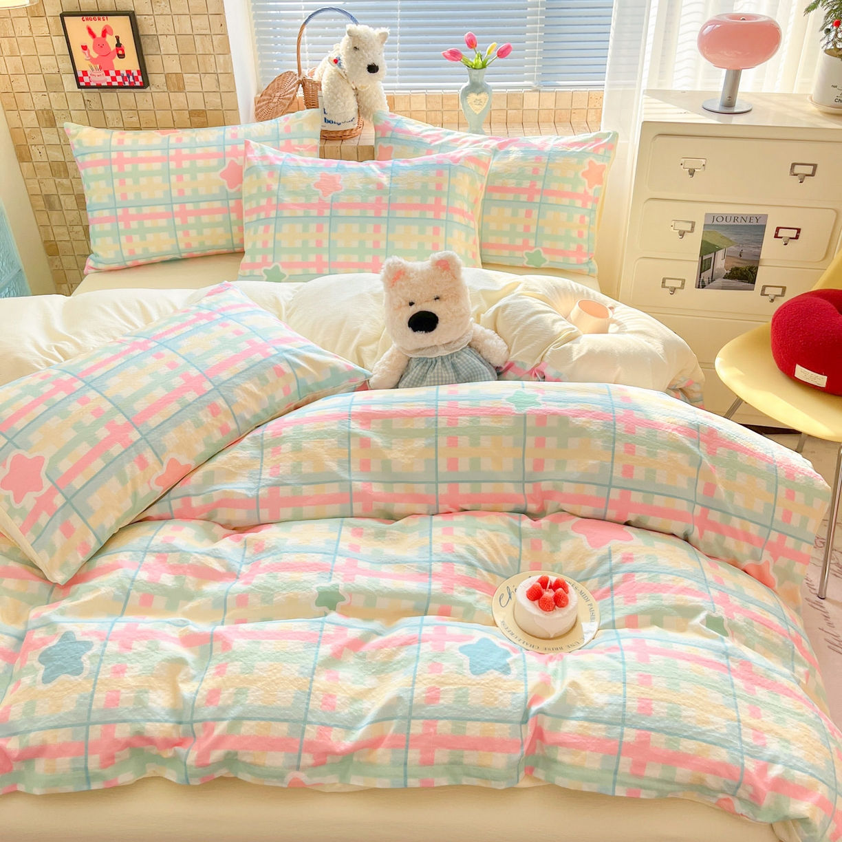 91家纺网 家纺一手货源 找家纺 川悦生活 2026新款云感双层纱木棉四件套 杏仁小星星