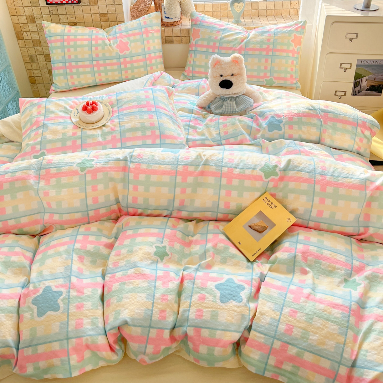 91家纺网 家纺一手货源 找家纺 川悦生活 2026新款云感双层纱木棉四件套 杏仁小星星