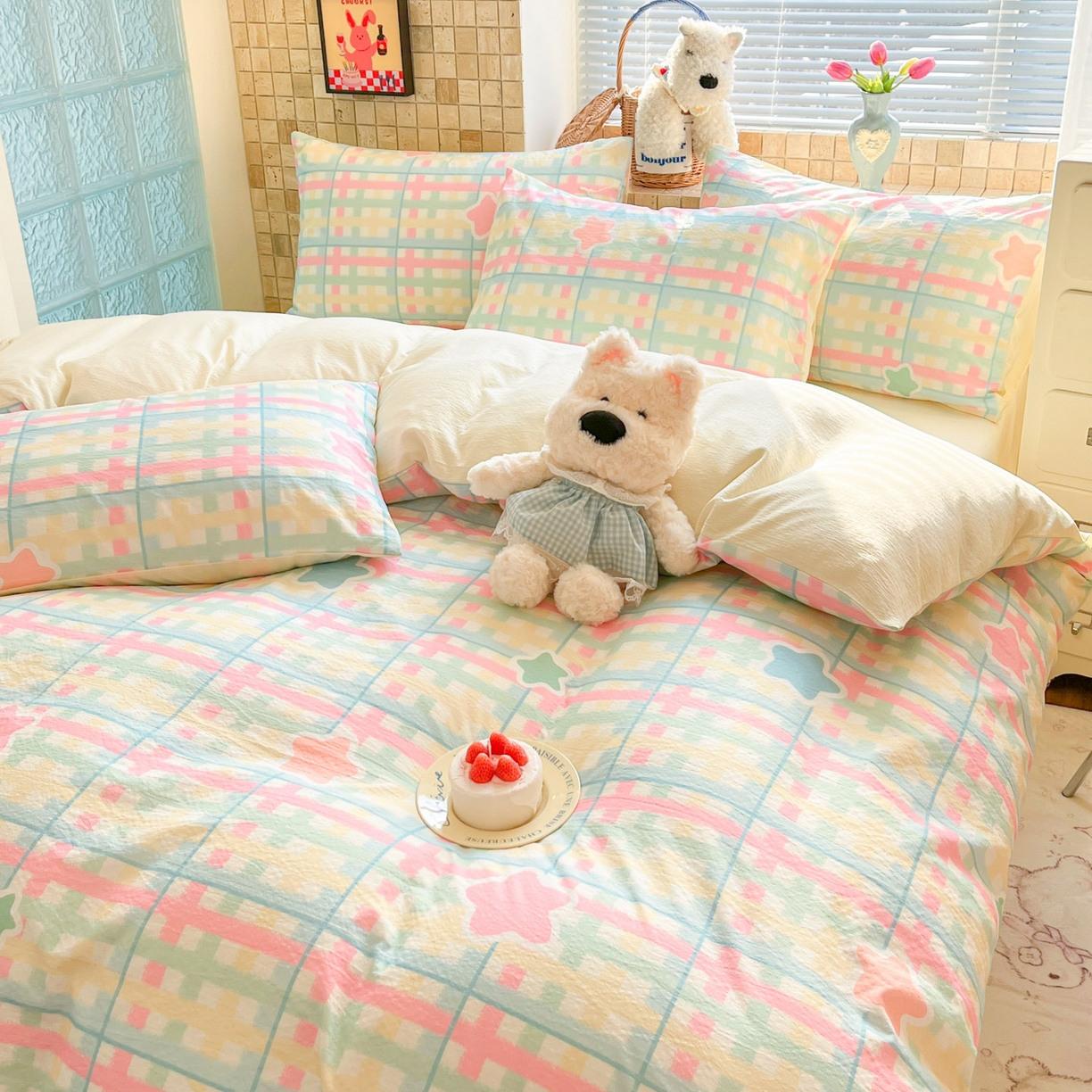 91家纺网 家纺一手货源 找家纺 川悦生活 2026新款云感双层纱木棉四件套 杏仁小星星