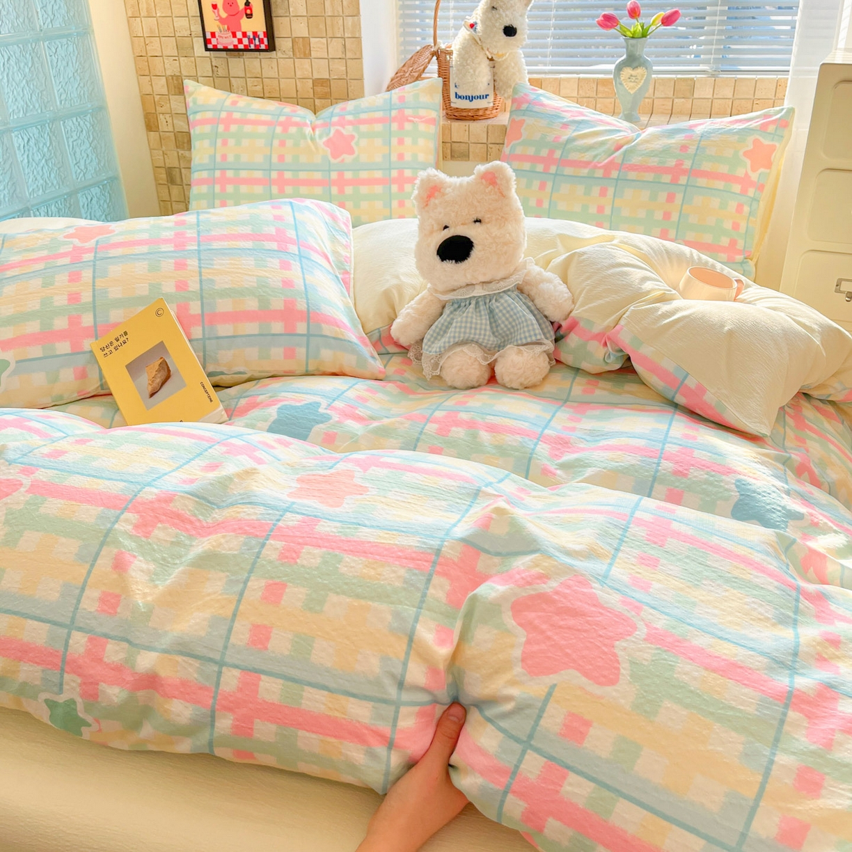 91家纺网 家纺一手货源 找家纺 川悦生活 2026新款云感双层纱木棉四件套 杏仁小星星