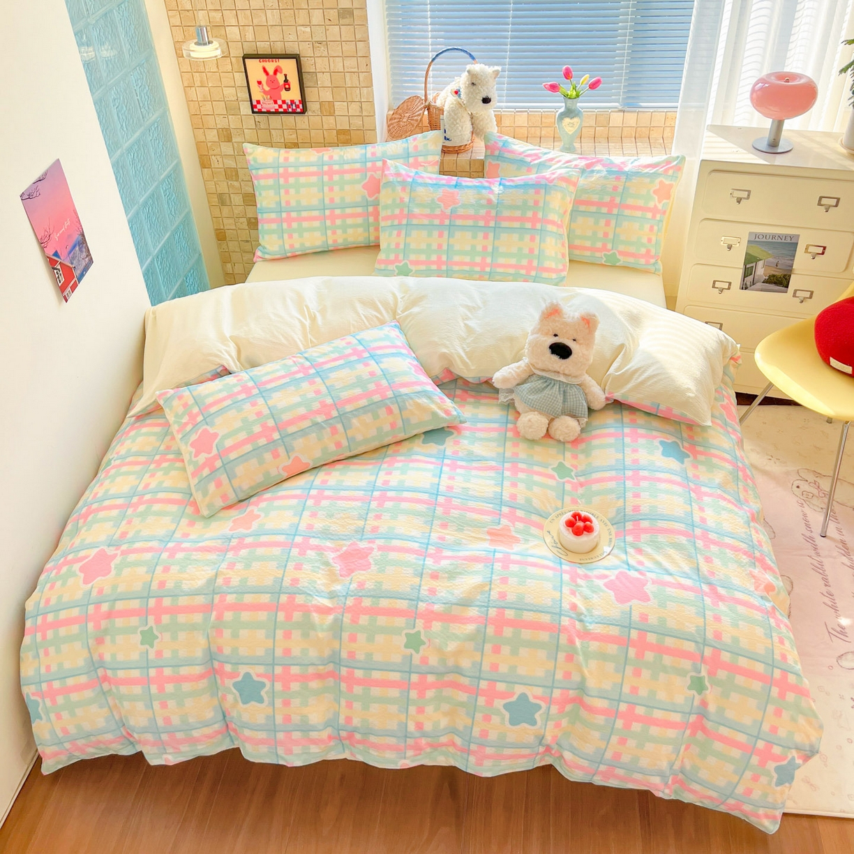 91家纺网 家纺一手货源 找家纺 川悦生活 2026新款云感双层纱木棉四件套 杏仁小星星