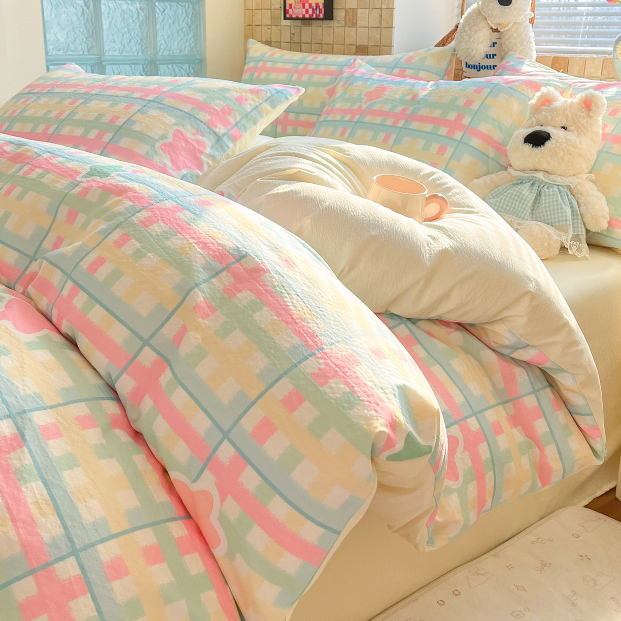 91家纺网 家纺一手货源 找家纺 川悦生活 2026新款云感双层纱木棉四件套 杏仁小星星