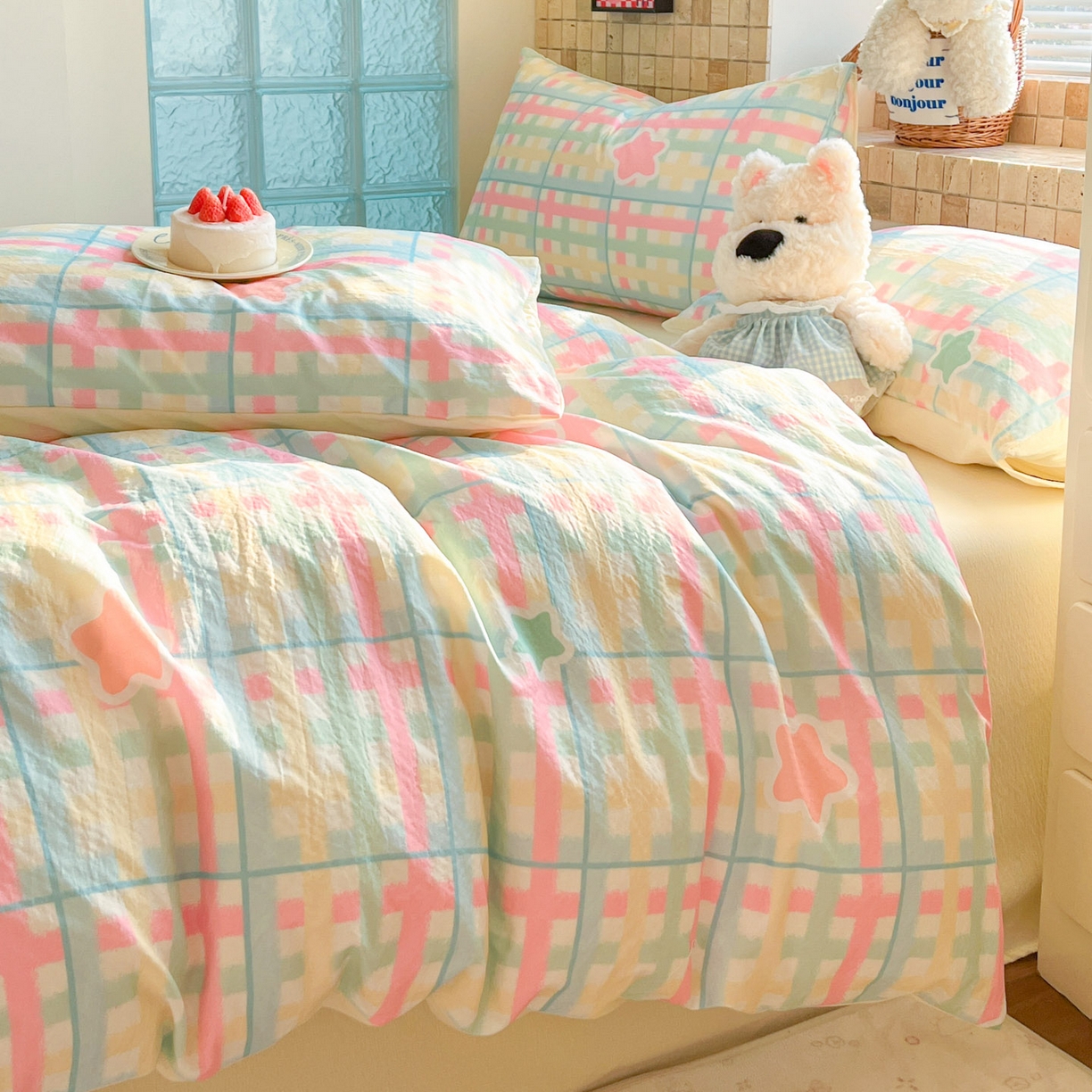 91家纺网 家纺一手货源 找家纺 川悦生活 2026新款云感双层纱木棉四件套 杏仁小星星