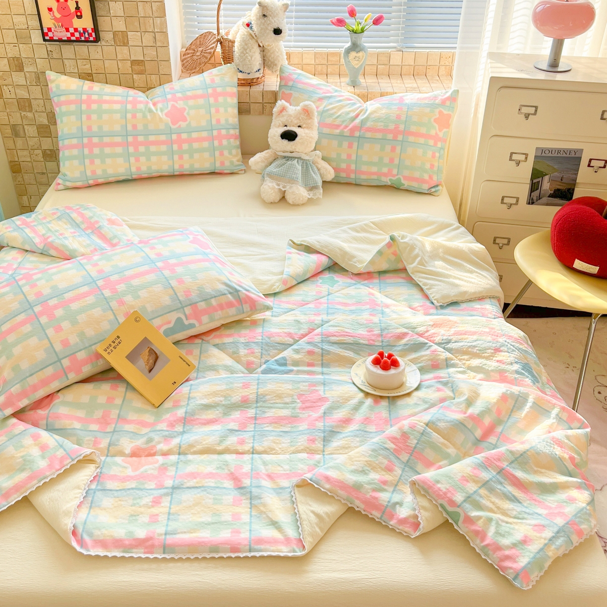 川悦生活 2026新款双层纱木棉夏被四件套 杏仁小星星