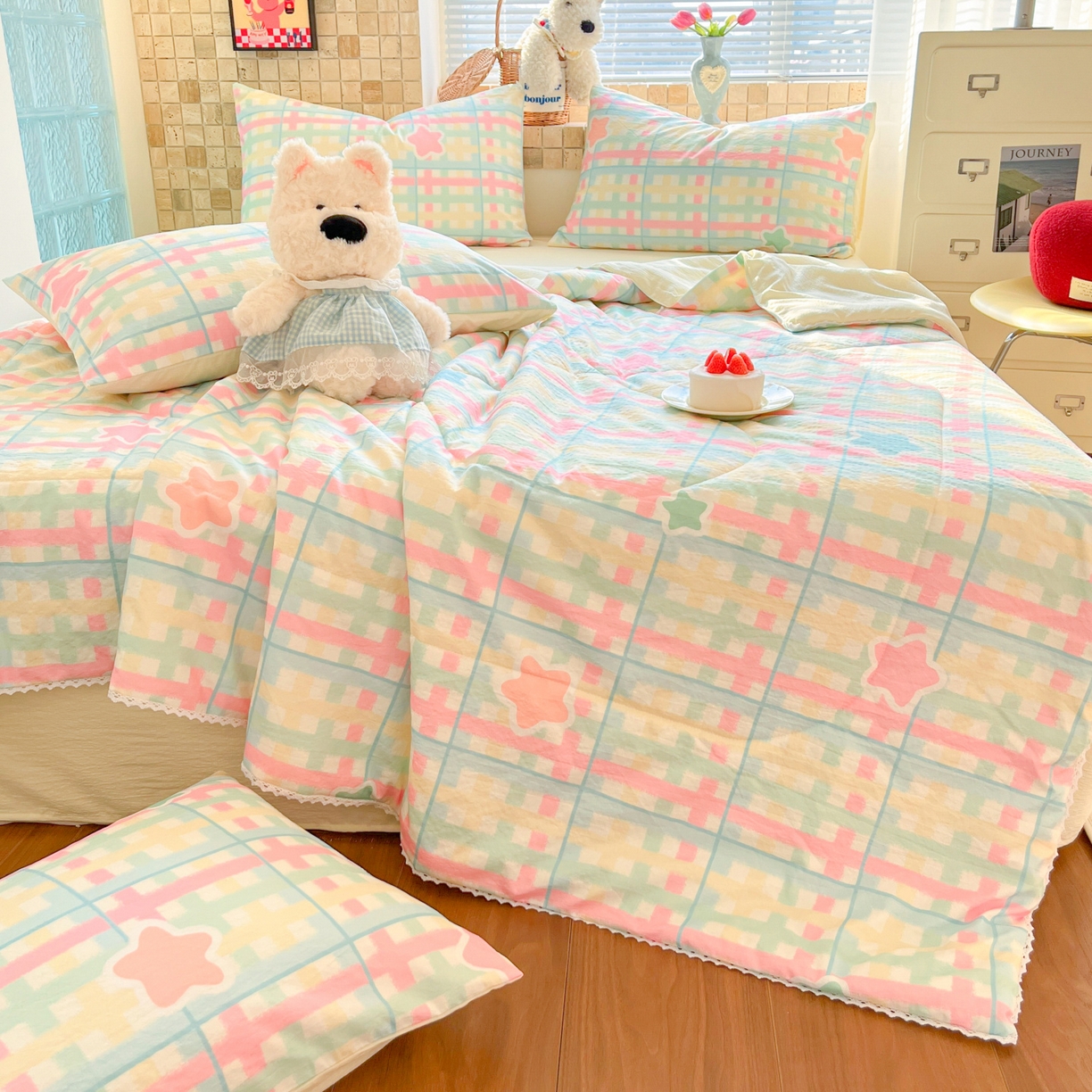 91家纺网 家纺一手货源 找家纺 川悦生活 2026新款双层纱木棉夏被四件套 杏仁小星星