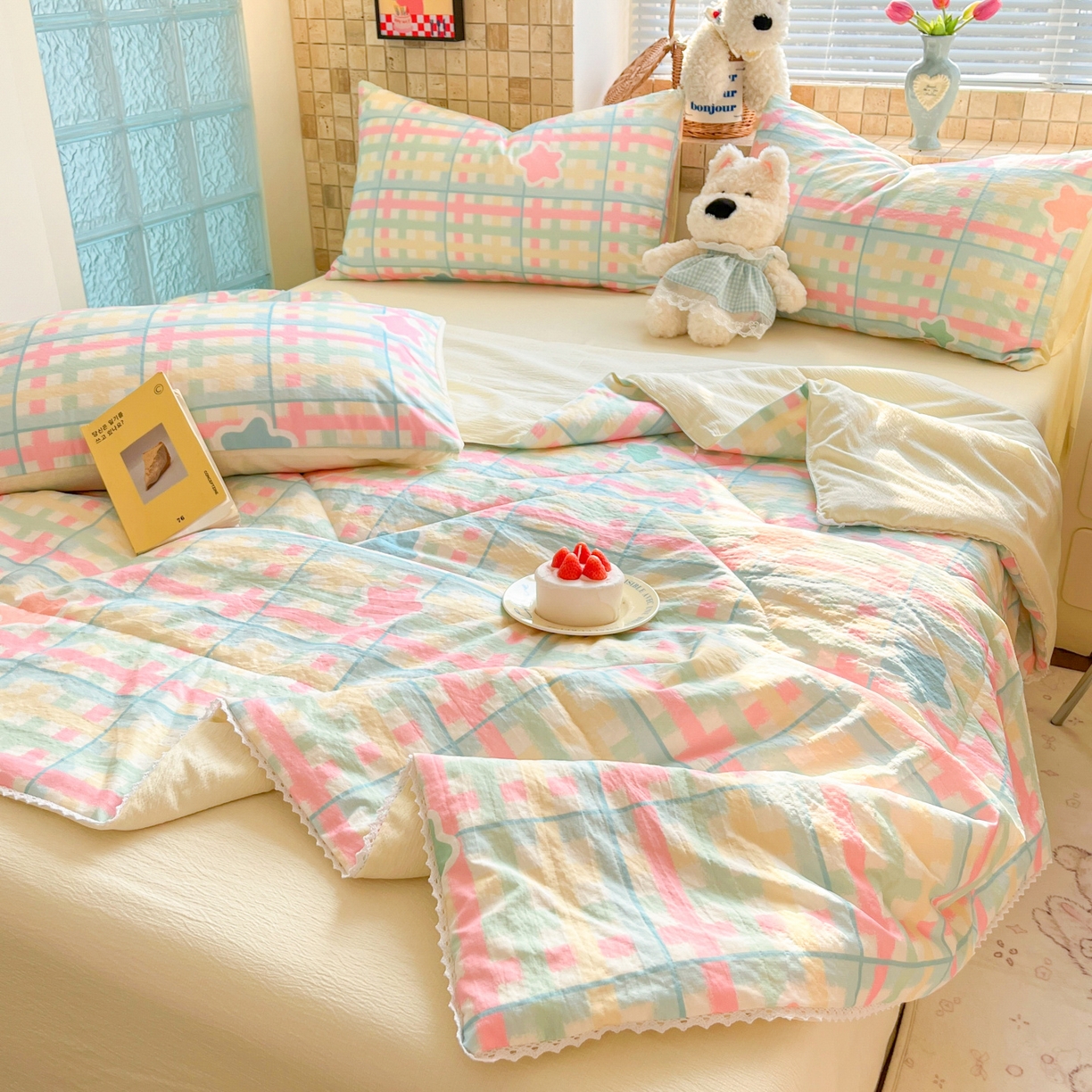 91家纺网 家纺一手货源 找家纺 川悦生活 2026新款双层纱木棉夏被四件套 杏仁小星星