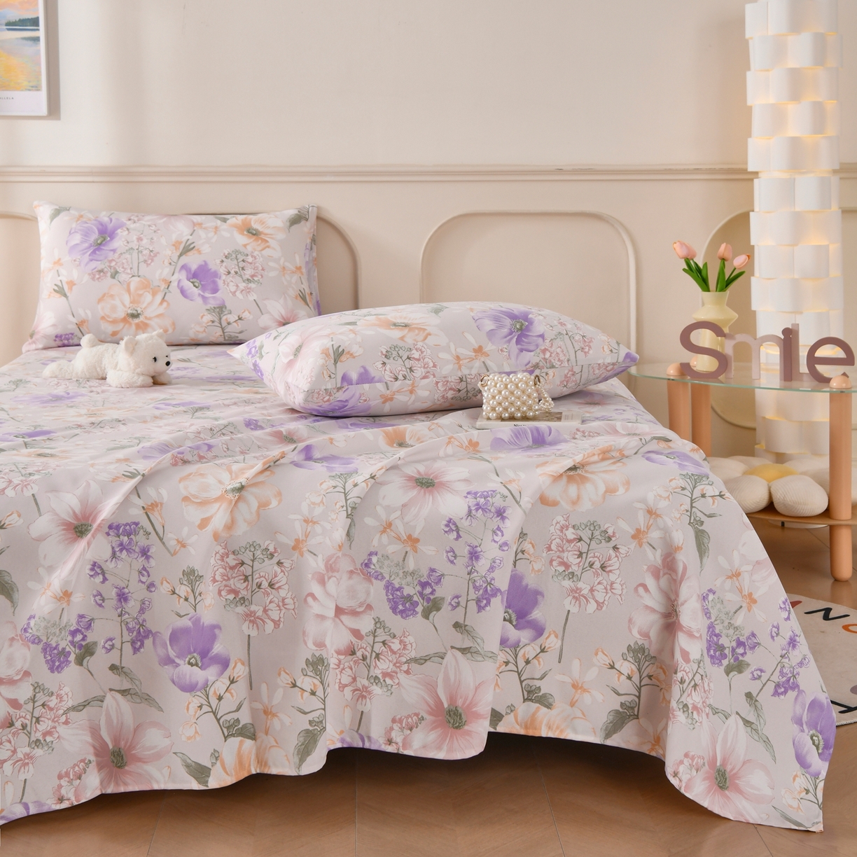 91家纺网 家纺一手货源 找家纺 悠米悠家 2026新款工艺款印花老粗布床单单品床单床单单件凉席席子 柔紫虞美人