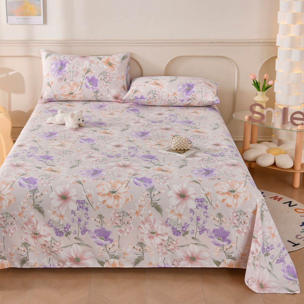 91家纺网 家纺一手货源 找家纺 悠米悠家 2026新款工艺款印花老粗布床单单品床单床单单件凉席席子 柔紫虞美人