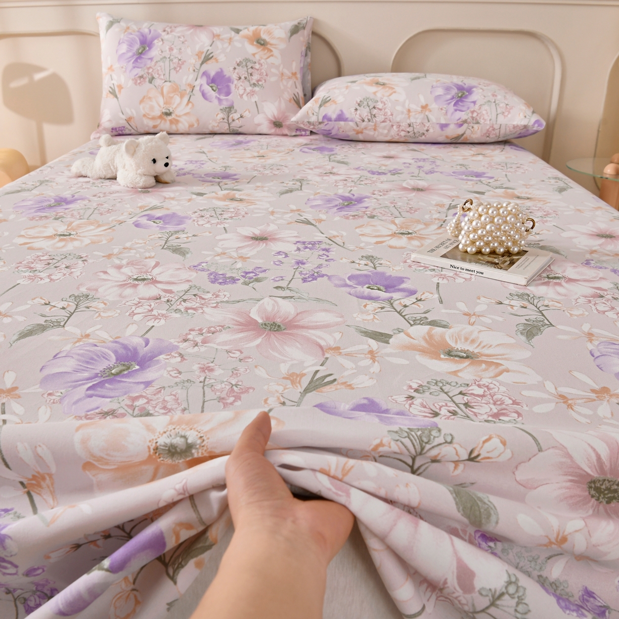 91家纺网 家纺一手货源 找家纺 悠米悠家 2026新款工艺款印花老粗布床单单品床单床单单件凉席席子 柔紫虞美人