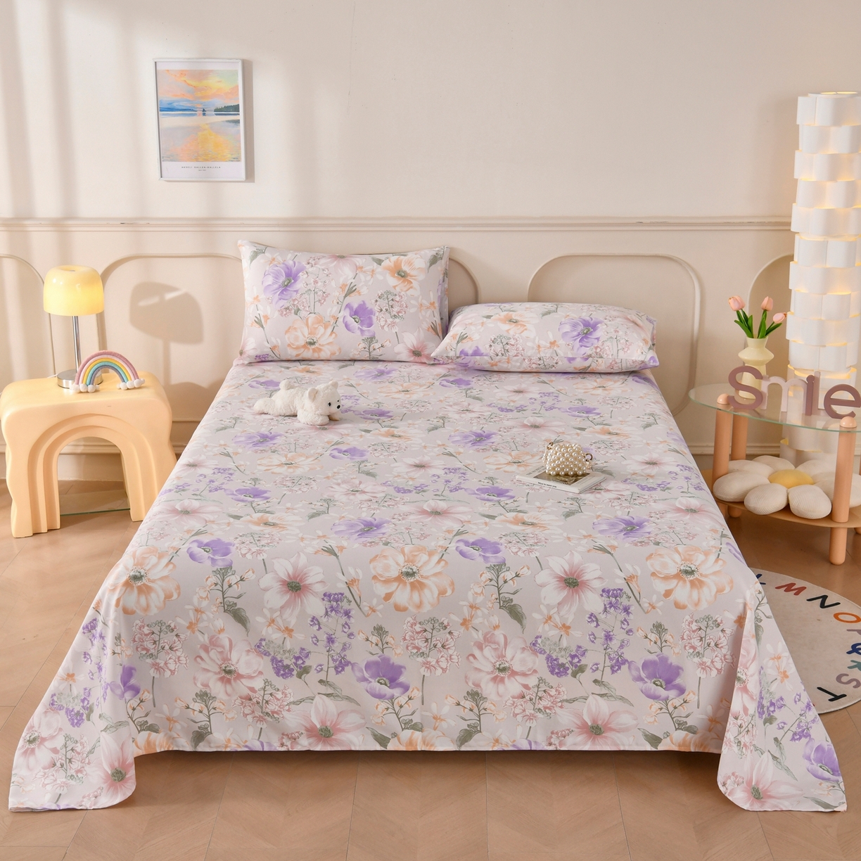 91家纺网 家纺一手货源 找家纺 悠米悠家 2026新款工艺款印花老粗布床单单品床单床单单件凉席席子 柔紫虞美人