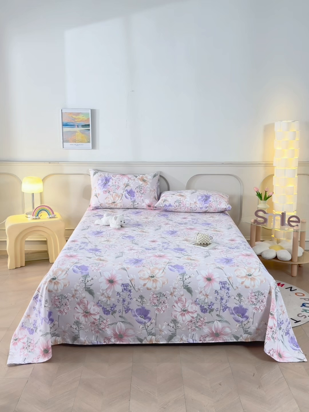 91家纺网 家纺一手货源 找家纺 悠米悠家 2026新款工艺款印花老粗布床单单品床单床单单件凉席席子 柔紫虞美人