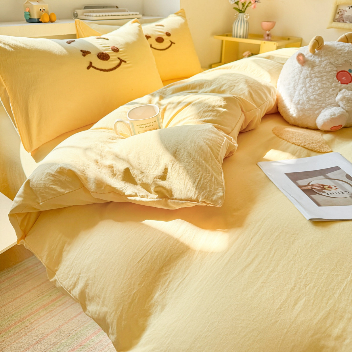 91家纺网 家纺一手货源 找家纺 雨帆家纺 2026新款云朵棉卡通毛巾绣四件套 奶黄尼尼