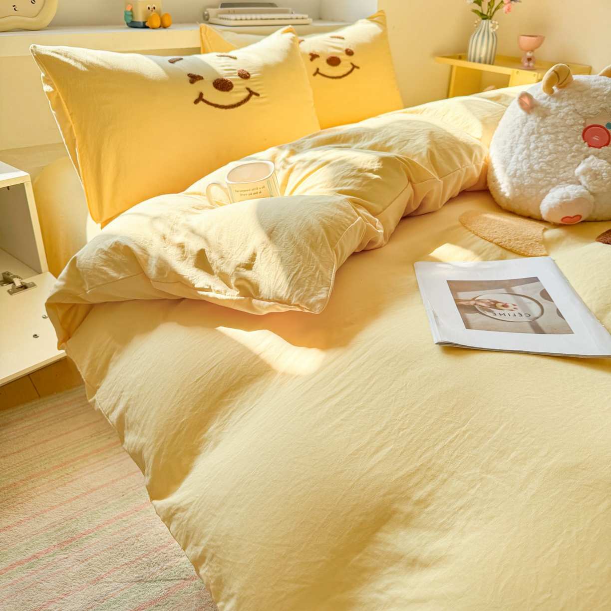 91家纺网 家纺一手货源 找家纺 雨帆家纺 2026新款云朵棉卡通毛巾绣四件套 奶黄尼尼