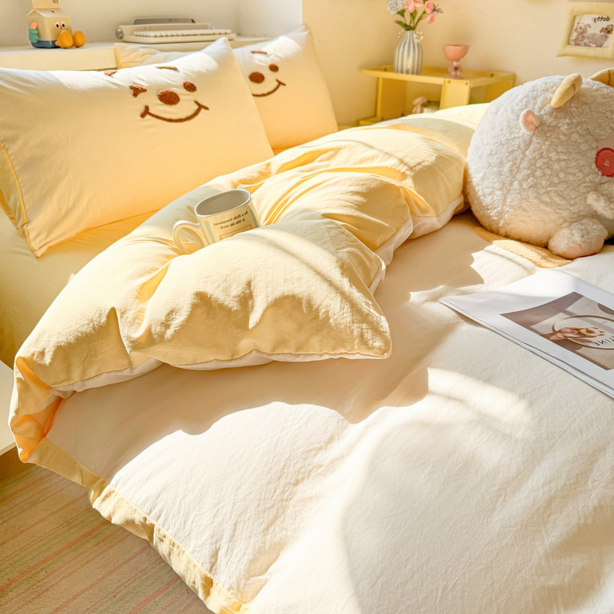 91家纺网 家纺一手货源 找家纺 雨帆家纺 2026新款云朵棉卡通毛巾绣四件套 奶油尼尼