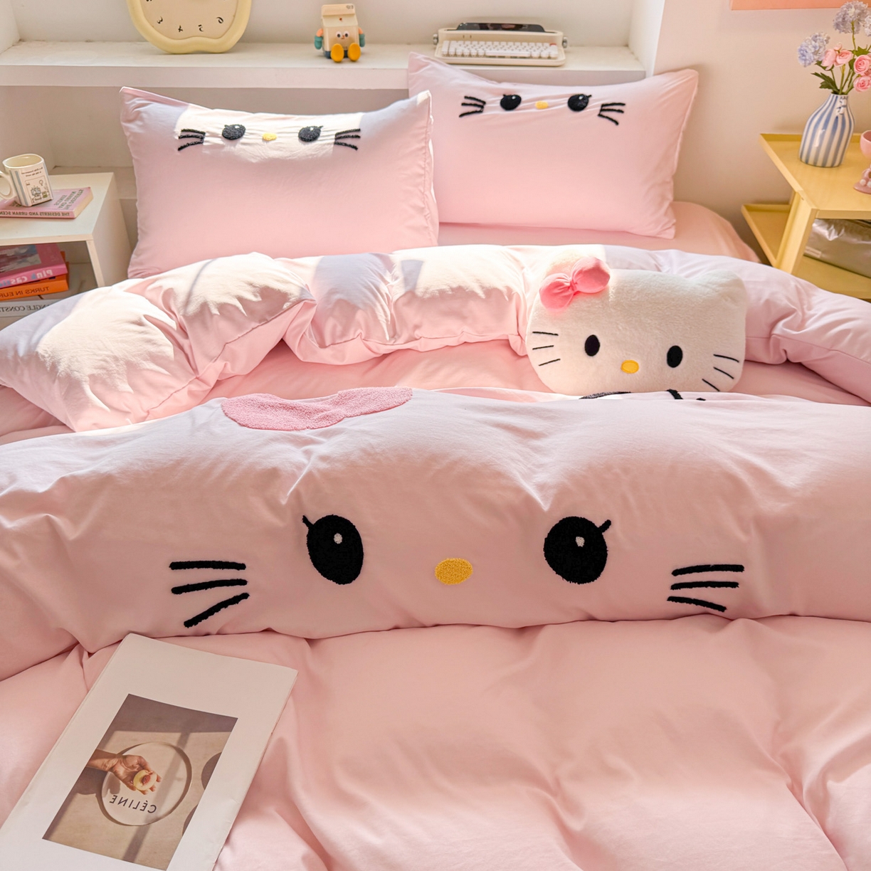 91家纺网 家纺一手货源 找家纺 雨帆家纺 2026新款云朵棉卡通毛巾绣四件套 少女甜美猫