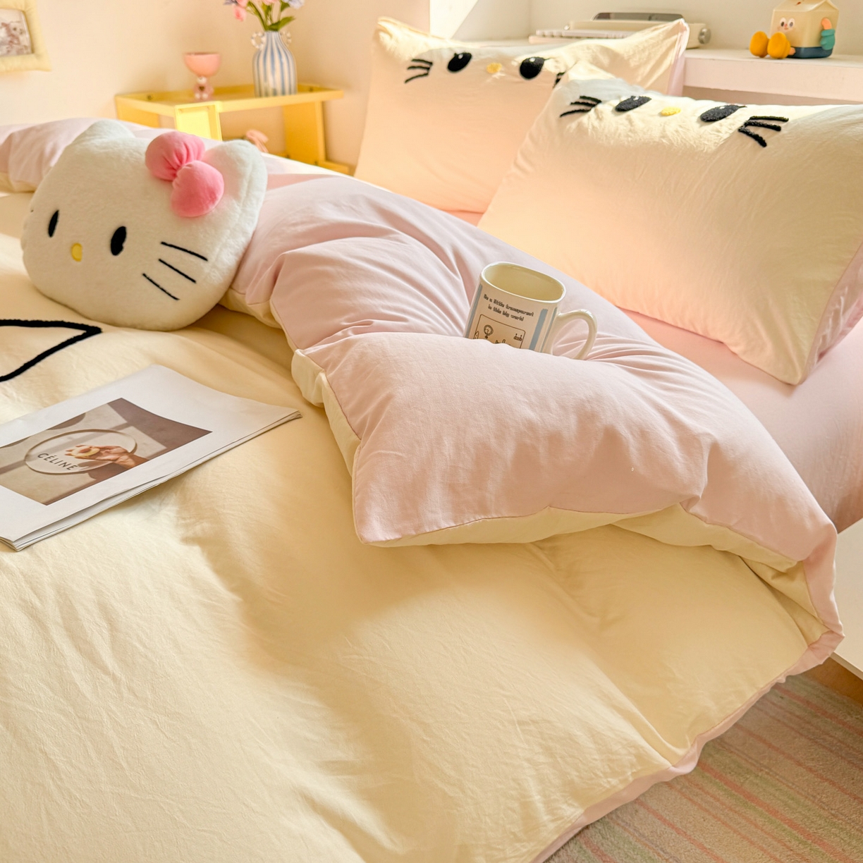 91家纺网 家纺一手货源 找家纺 雨帆家纺 2026新款云朵棉卡通毛巾绣四件套 奶油甜美猫