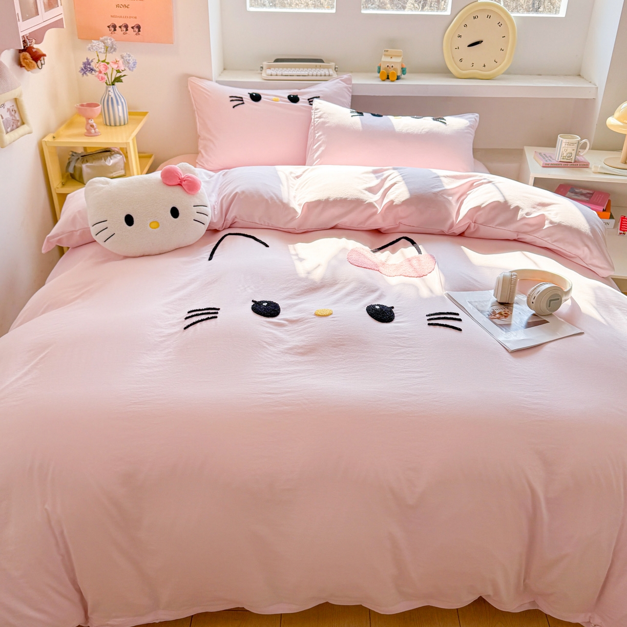 91家纺网 家纺一手货源 找家纺 雨帆家纺 2026新款云朵棉卡通毛巾绣四件套 少女甜美猫