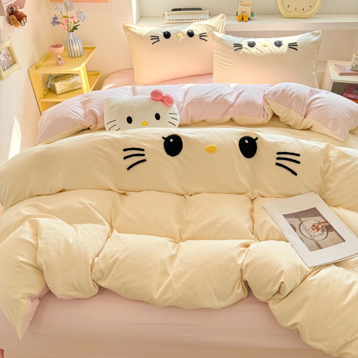 91家纺网 家纺一手货源 找家纺 雨帆家纺 2026新款云朵棉卡通毛巾绣四件套 奶油甜美猫