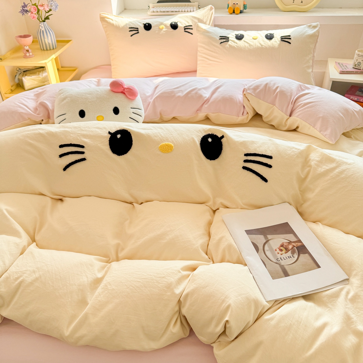 91家纺网 家纺一手货源 找家纺 雨帆家纺 2026新款云朵棉卡通毛巾绣四件套 奶油甜美猫