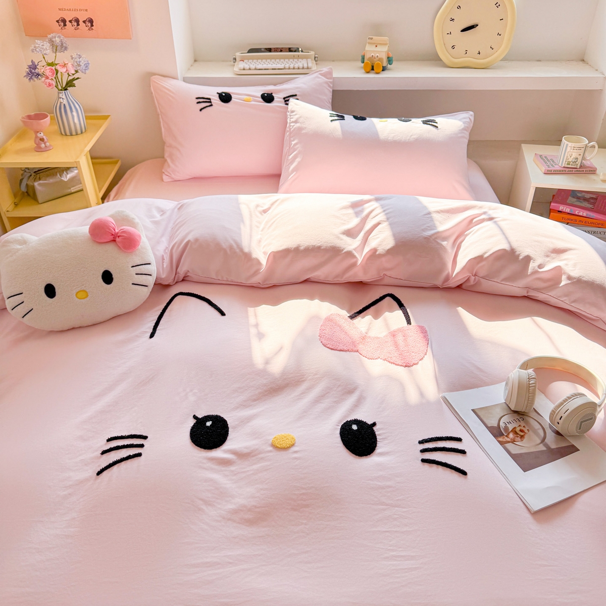 91家纺网 家纺一手货源 找家纺 雨帆家纺 2026新款云朵棉卡通毛巾绣四件套 少女甜美猫