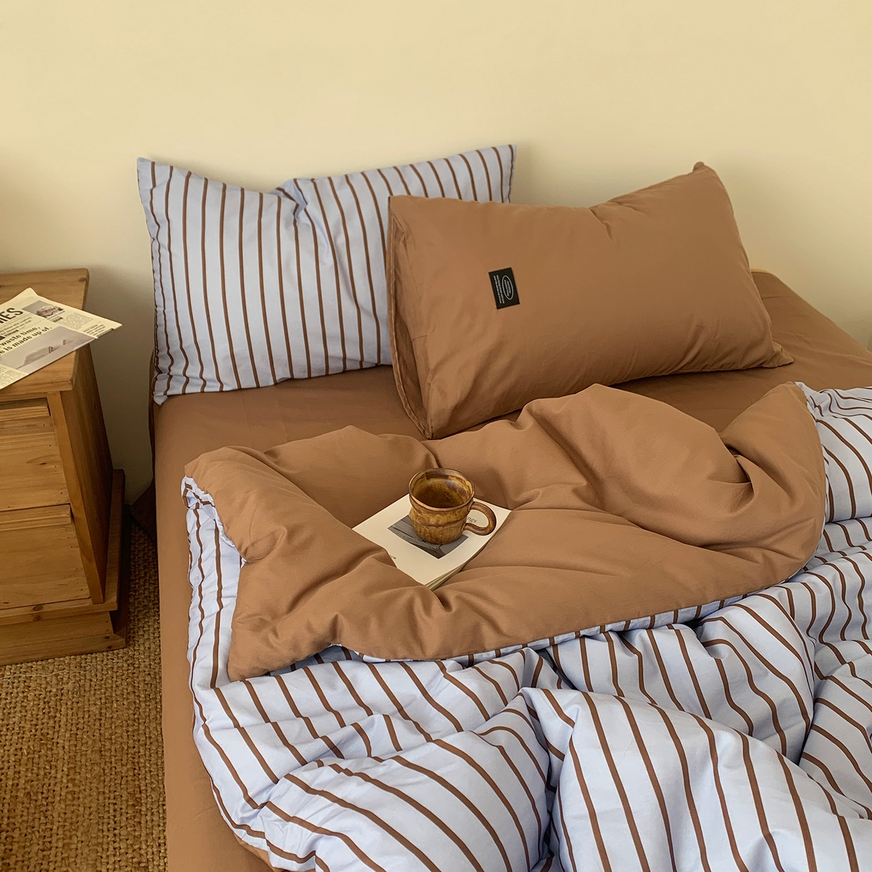 91家纺网 家纺一手货源 找家纺 桃喜 2026新款全棉条纹13070系列四件套 蓝咖条纹（全棉）