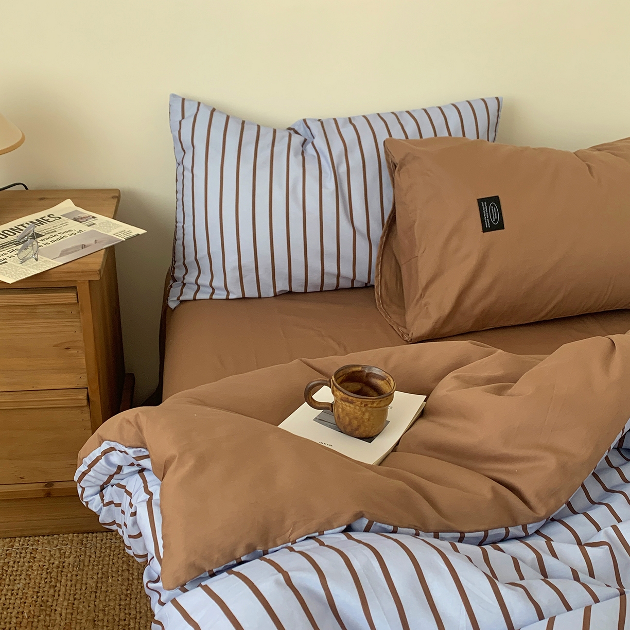 91家纺网 家纺一手货源 找家纺 桃喜 2026新款全棉条纹13070系列四件套 蓝咖条纹（全棉）