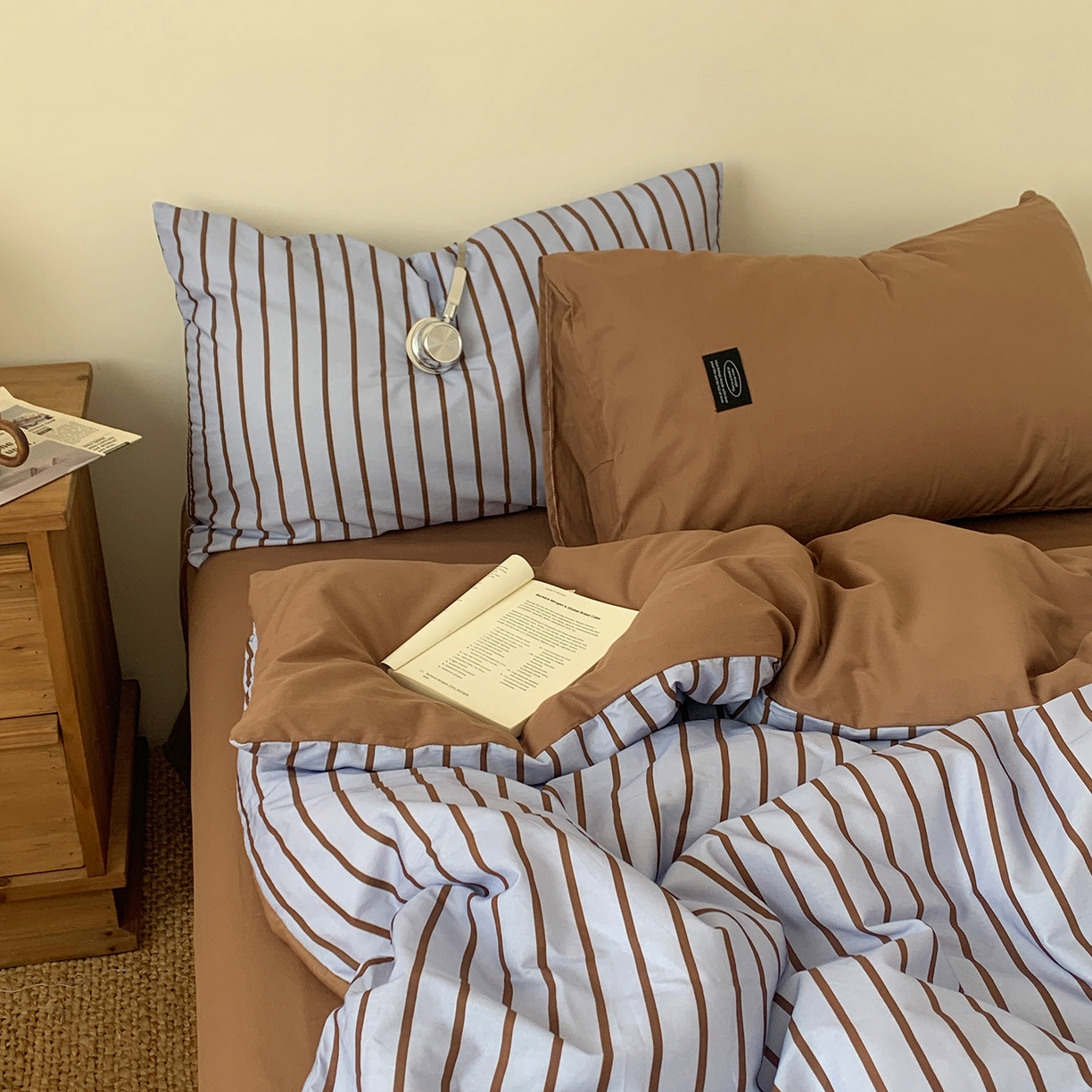 91家纺网 家纺一手货源 找家纺 桃喜 2026新款全棉条纹13070系列四件套 蓝咖条纹（全棉）