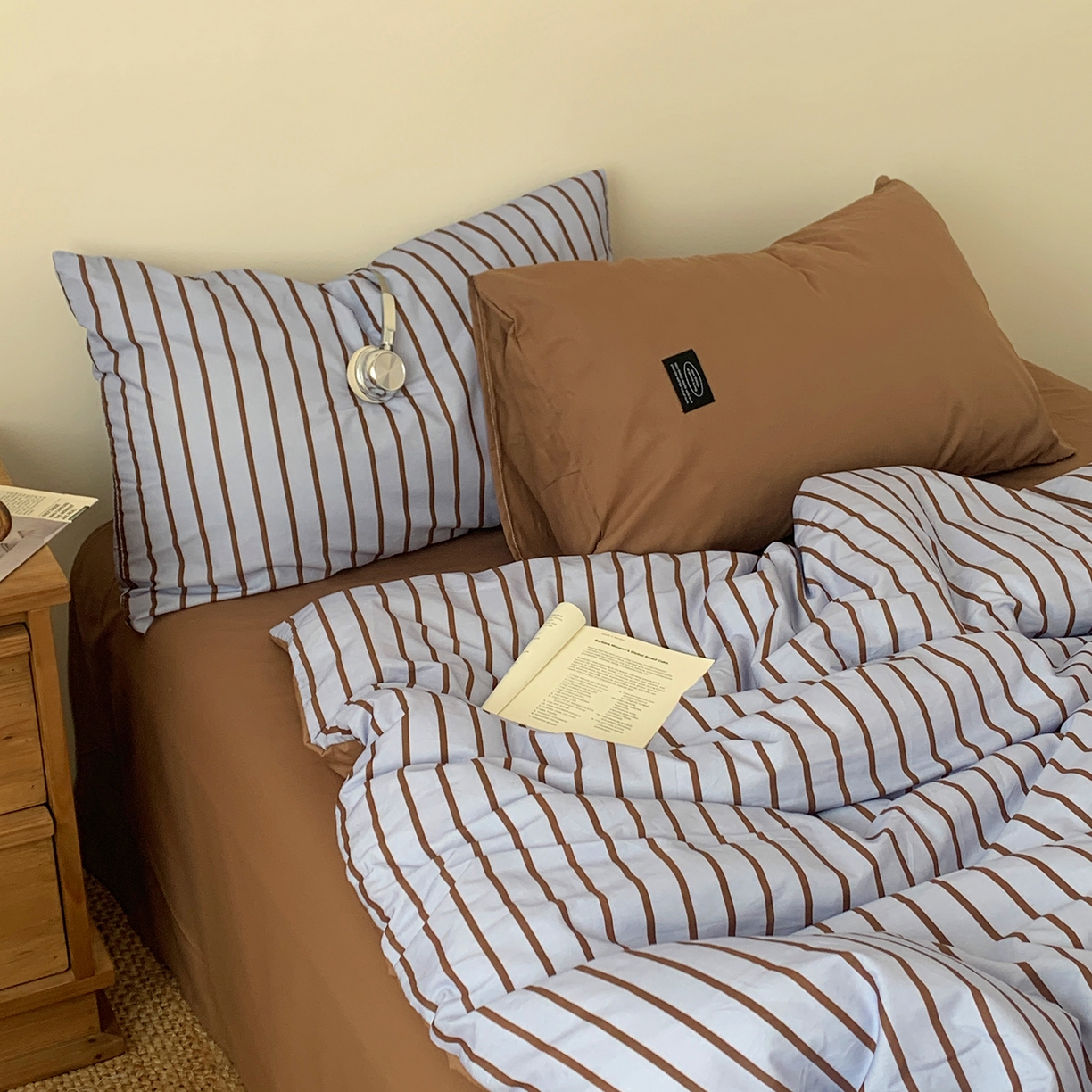 91家纺网 家纺一手货源 找家纺 桃喜 2026新款全棉条纹13070系列四件套 蓝咖条纹（全棉）