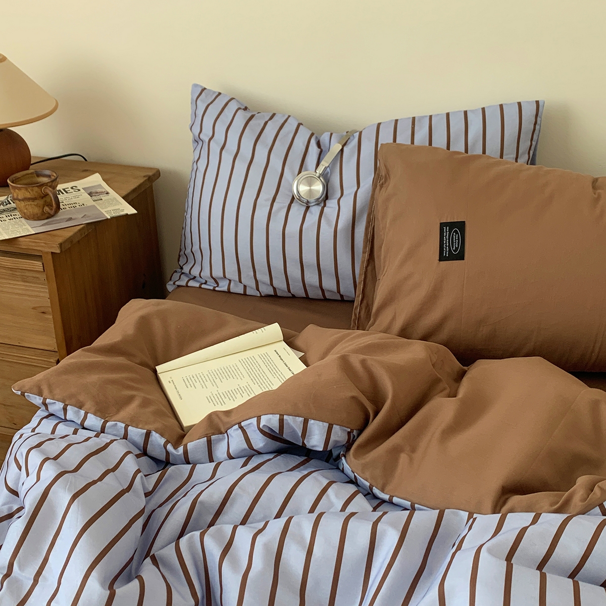 91家纺网 家纺一手货源 找家纺 桃喜 2026新款全棉条纹13070系列四件套 蓝咖条纹（全棉）