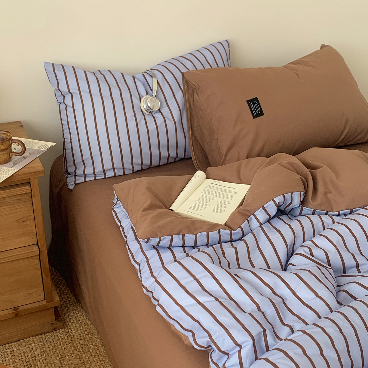 91家纺网 家纺一手货源 找家纺 桃喜 2026新款全棉条纹13070系列四件套 蓝咖条纹（全棉）